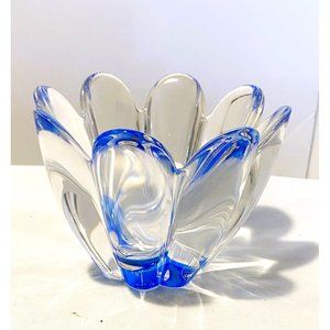 ORREFORS HAND BLOWN CRYSTAL SWEDEN BLUE LOTUS BOWL SIGNED JJ JOHANSSON 7247901